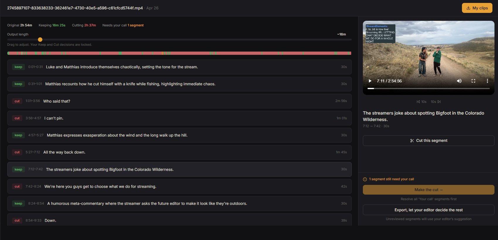 Clip Badger timeline view showing a fishing stream analyzed into keep and cut segments with AI descriptions and video preview